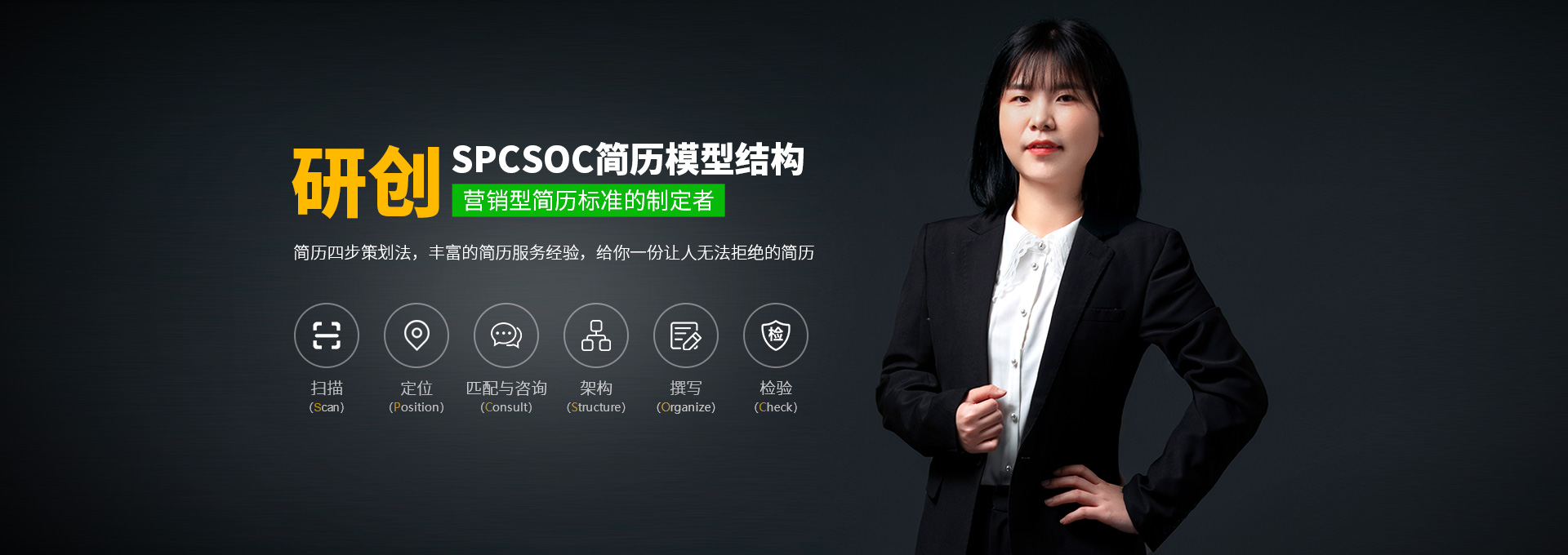 简历580——首创Spcsoc简历模型结构，营销型简历标准的制定者，简历四步策划法，丰富的简历服务经验，给你一份让人无法拒绝的简历。